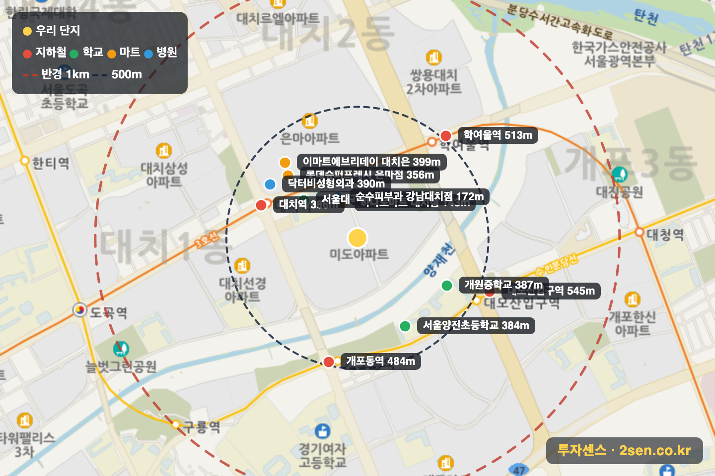 한보미도맨션1 반경 1km 입지 지도(지하철·학교·마트)