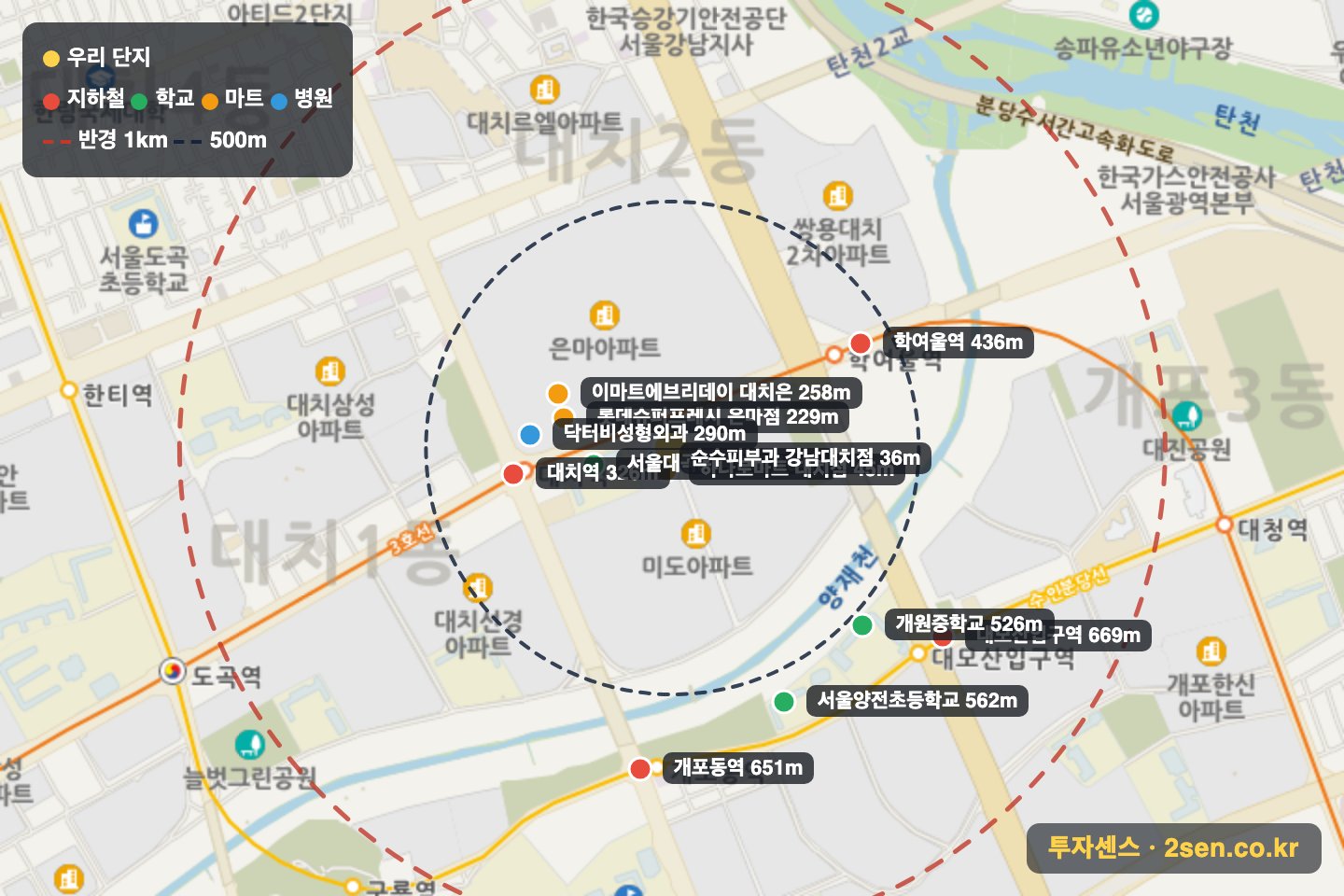한보미도맨션2 반경 1km 입지 지도(지하철·학교·마트)
