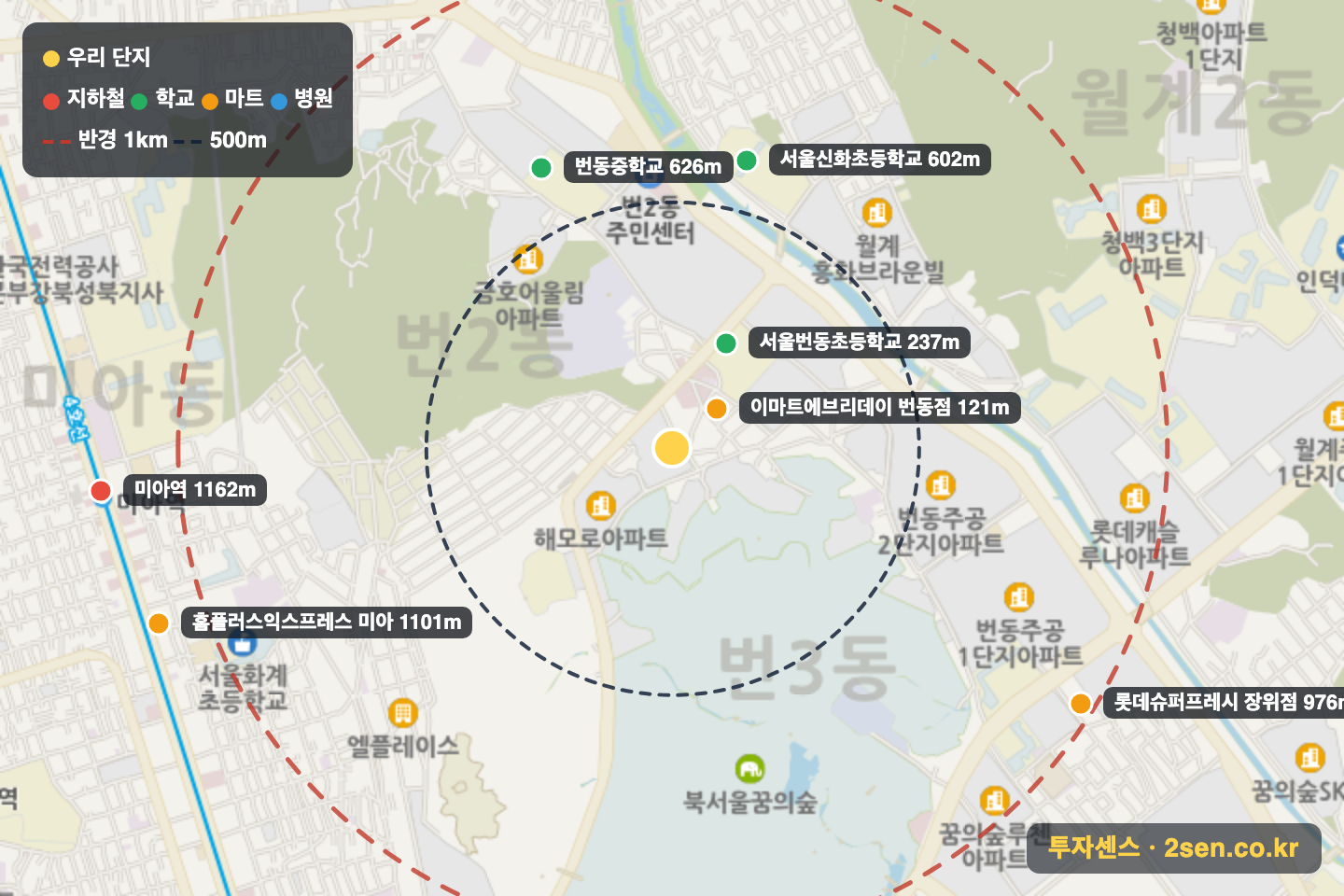한솔솔파크 반경 1km 입지 지도(지하철·학교·마트)