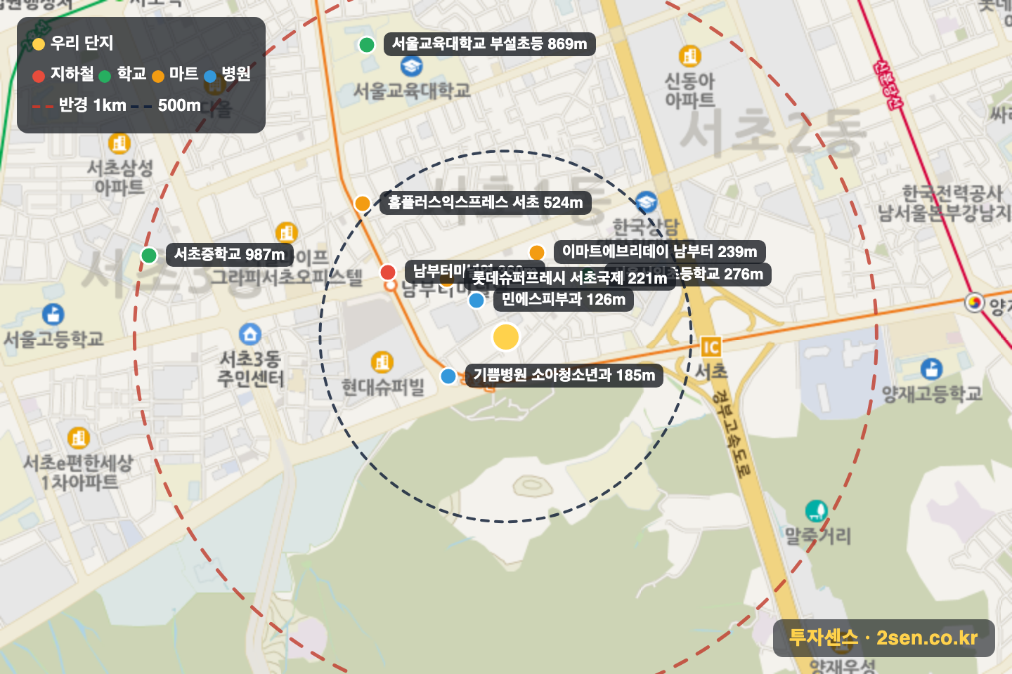 한승미메이드 반경 1km 입지 지도(지하철·학교·마트)