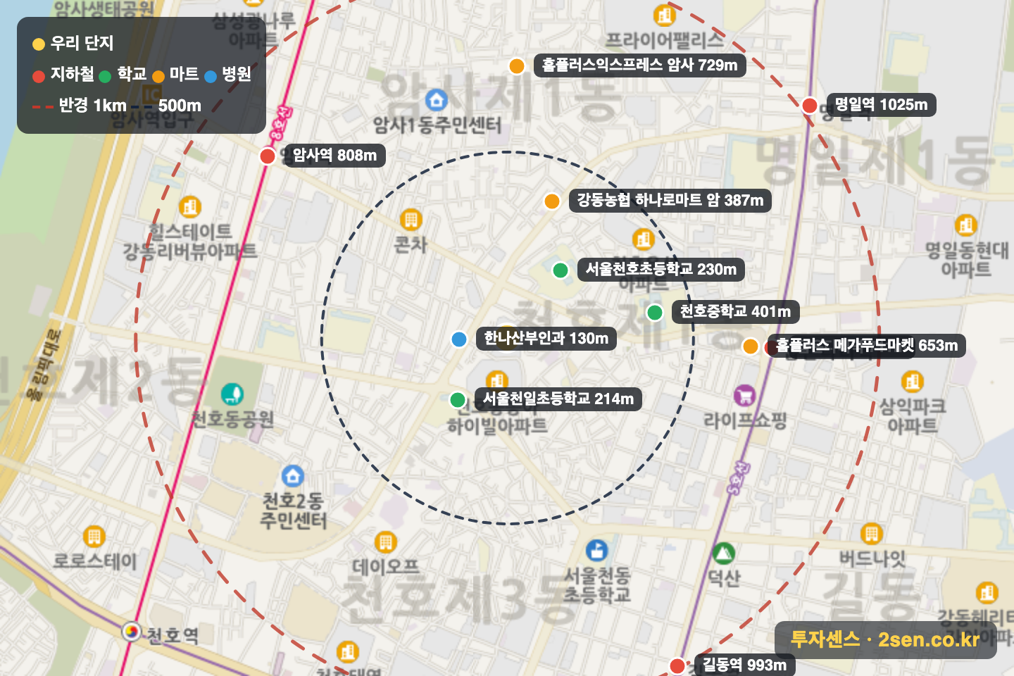 한신아파트 반경 1km 입지 지도(지하철·학교·마트)