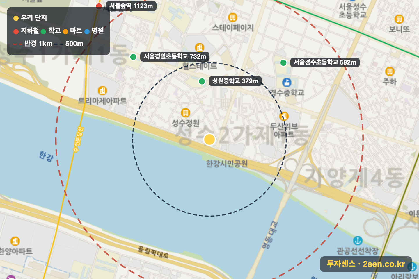 한신한강 반경 1km 입지 지도(지하철·학교·마트)