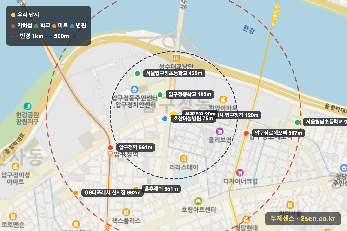 한양 반경 1km 입지 지도(지하철·학교·마트)
