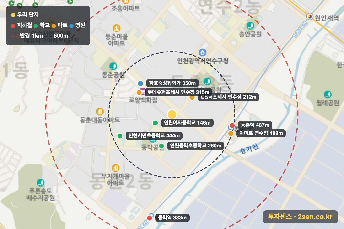 한양1 반경 1km 입지 지도(지하철·학교·마트)