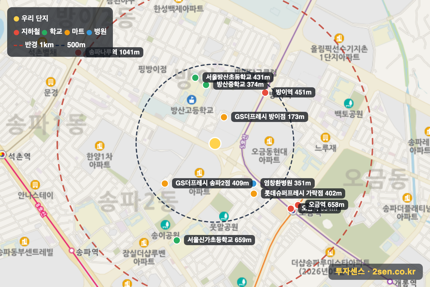 한양3 반경 1km 입지 지도(지하철·학교·마트)