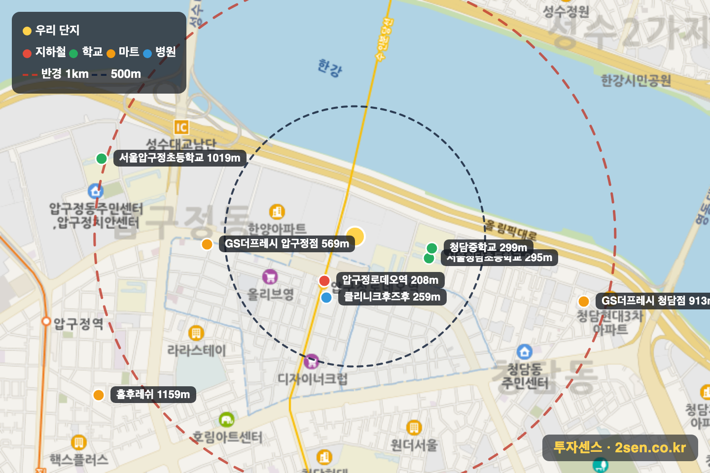 한양5 반경 1km 입지 지도(지하철·학교·마트)