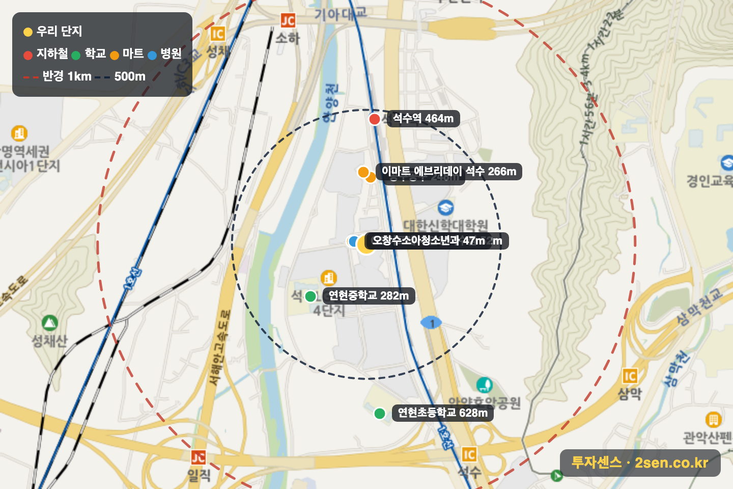 한양수자인 반경 1km 입지 지도(지하철·학교·마트)