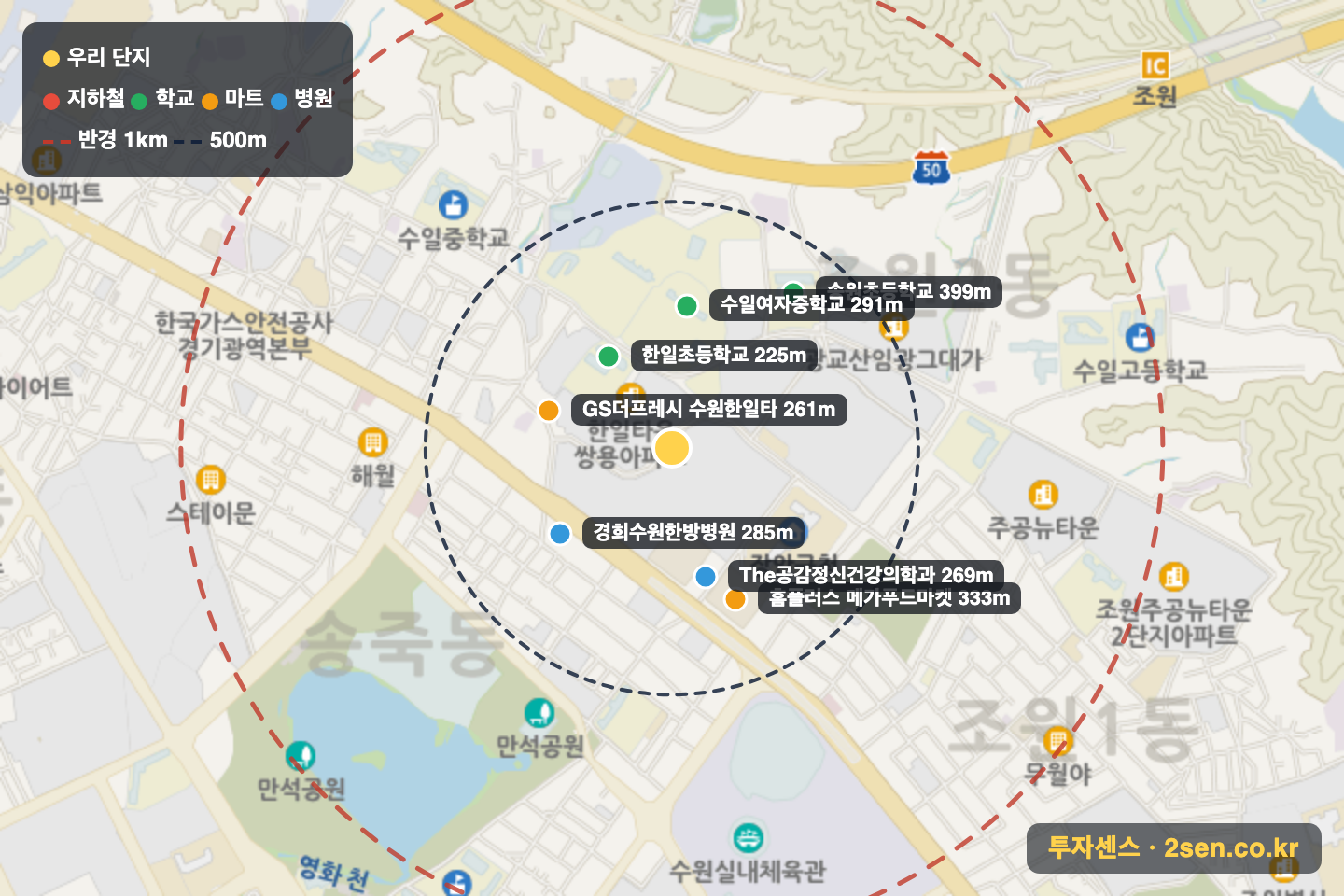 한일타운우성 반경 1km 입지 지도(지하철·학교·마트)