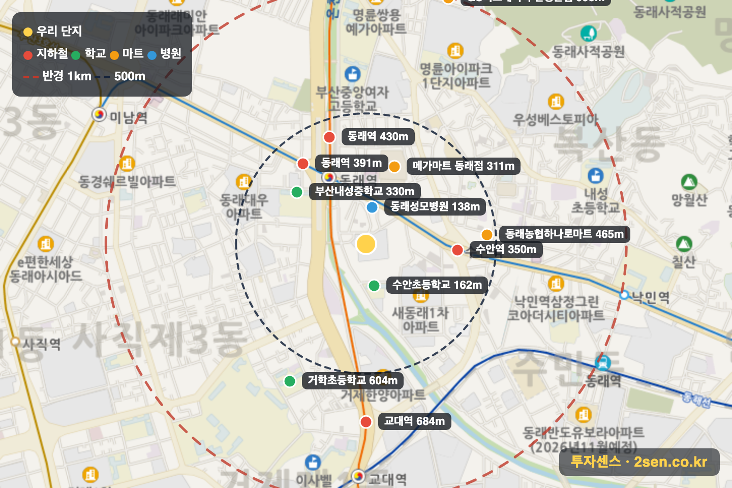 한진 반경 1km 입지 지도(지하철·학교·마트)