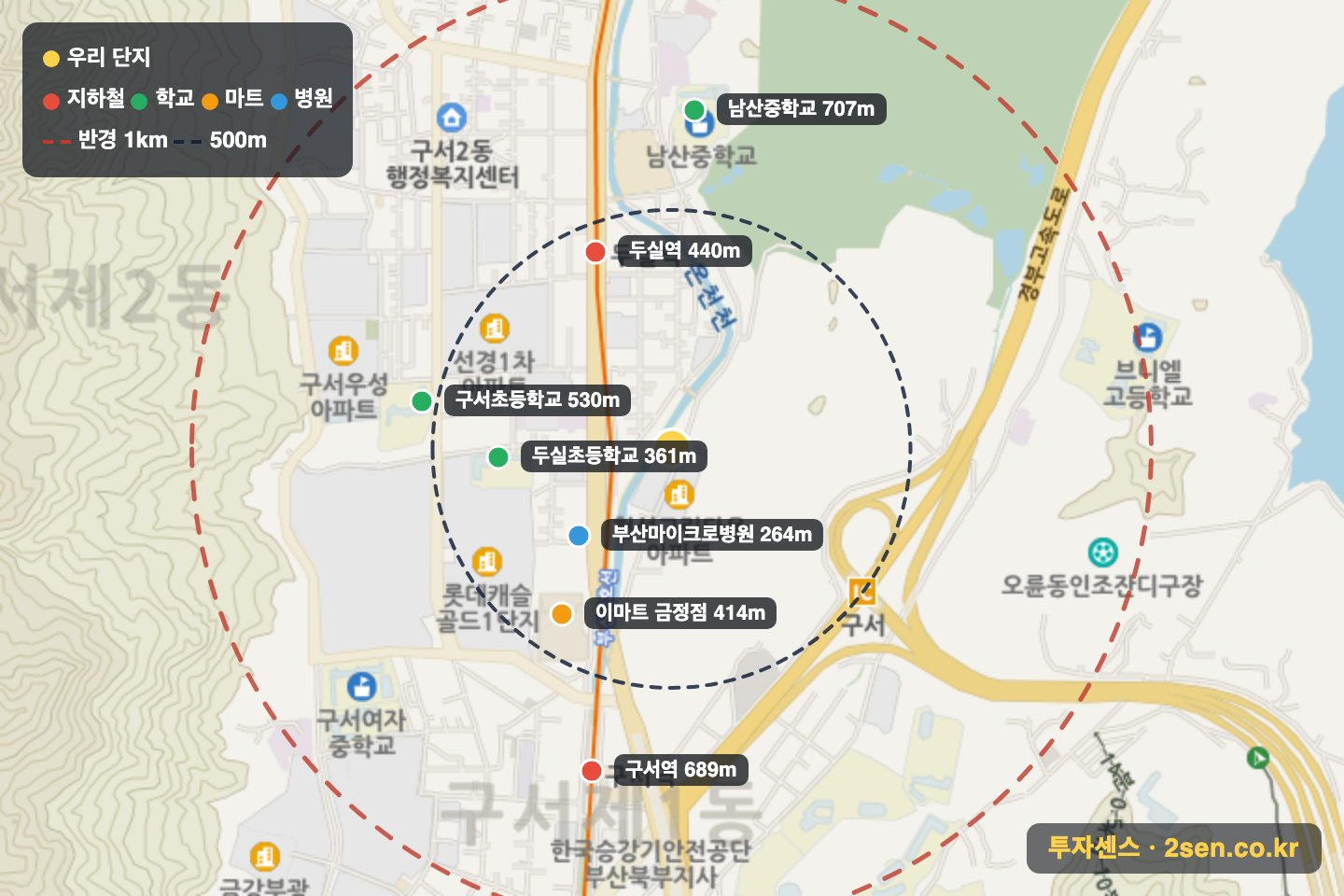 한진아파트 반경 1km 입지 지도(지하철·학교·마트)