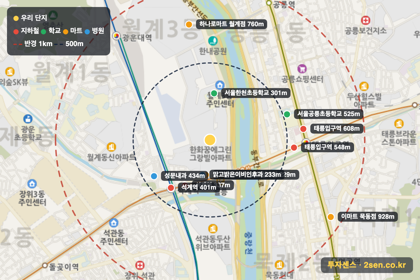 한진한화그랑빌 반경 1km 입지 지도(지하철·학교·마트)