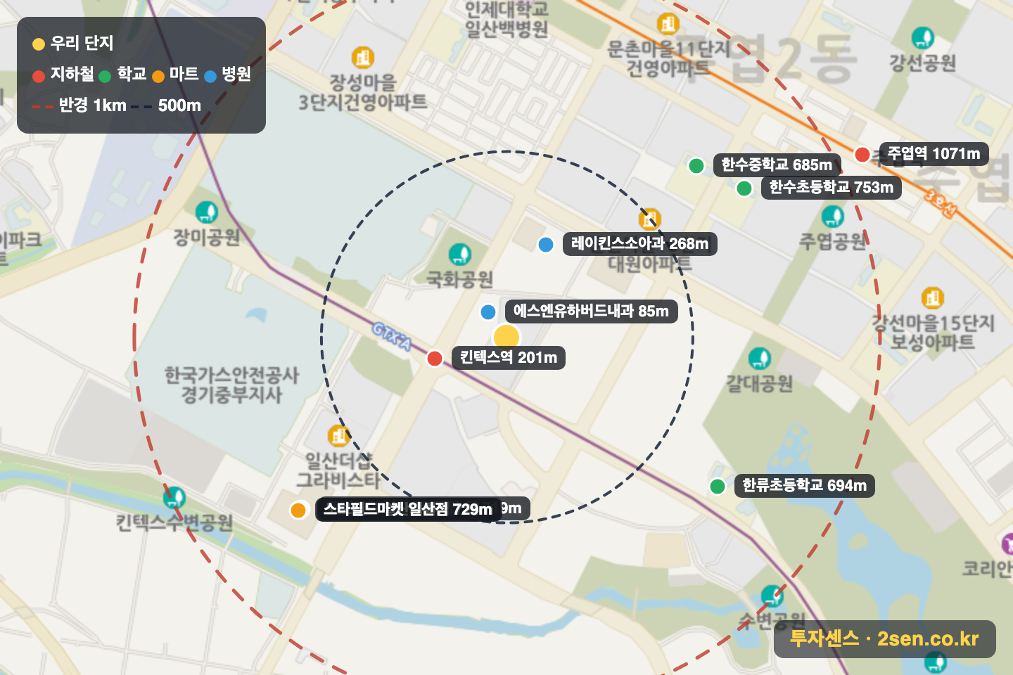 한화 포레나 킨텍스 반경 1km 입지 지도(지하철·학교·마트)