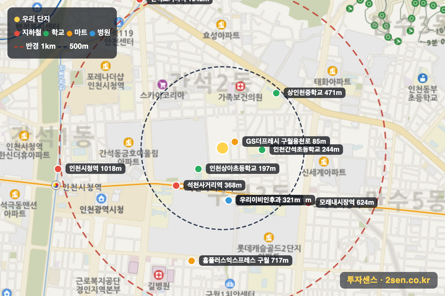한화포레나인천구월 반경 1km 입지 지도(지하철·학교·마트)