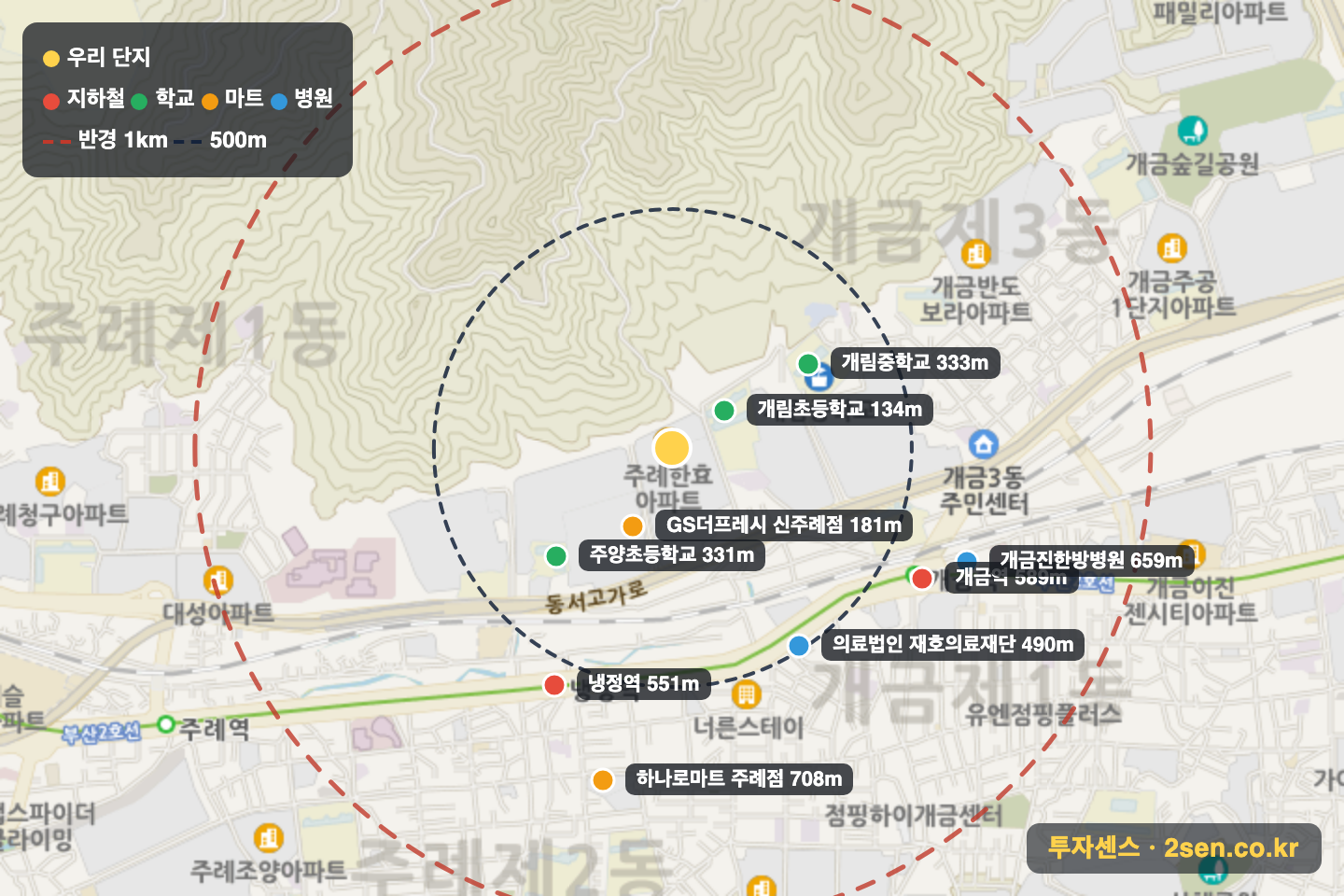 한효 반경 1km 입지 지도(지하철·학교·마트)