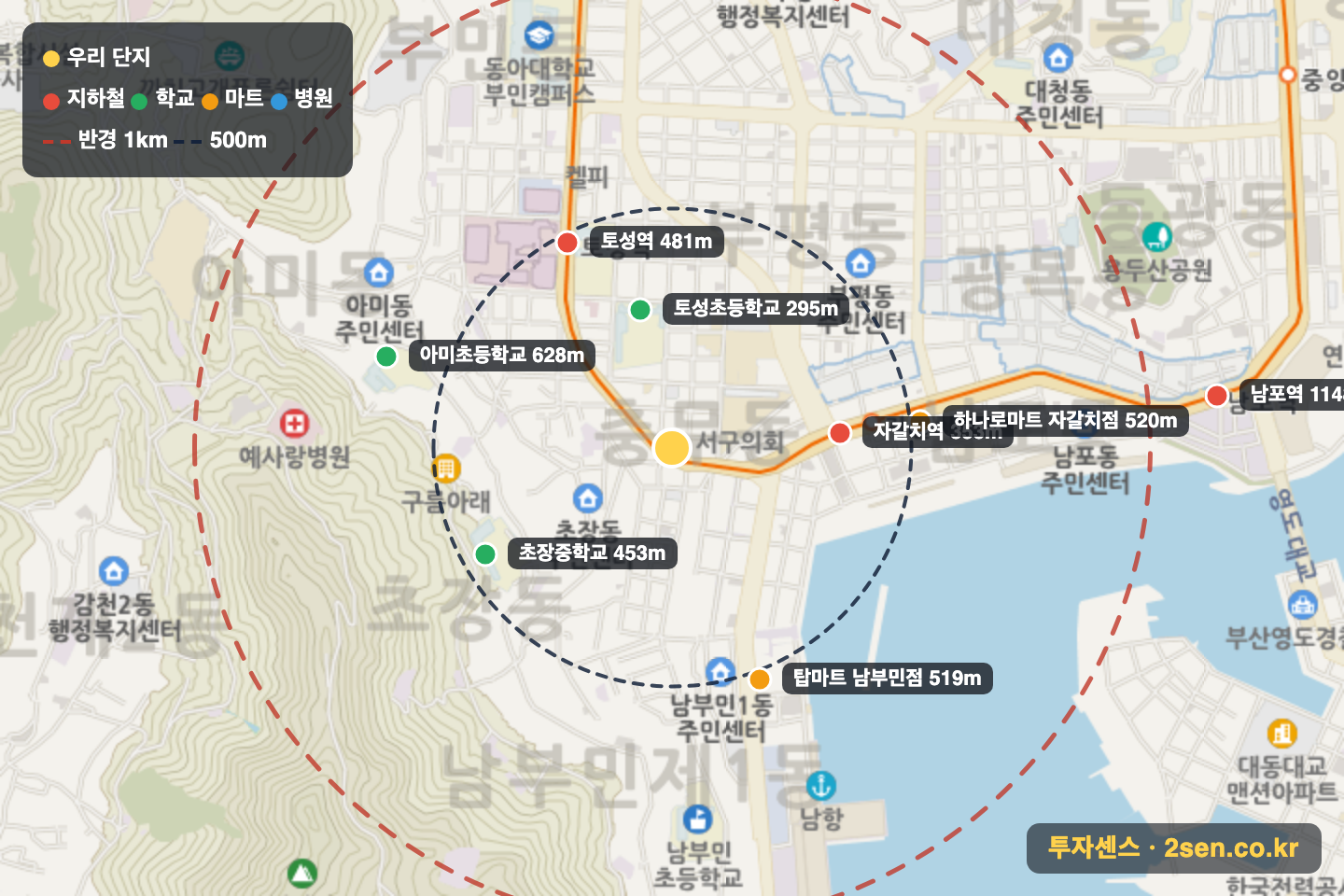 해오름 반경 1km 입지 지도(지하철·학교·마트)