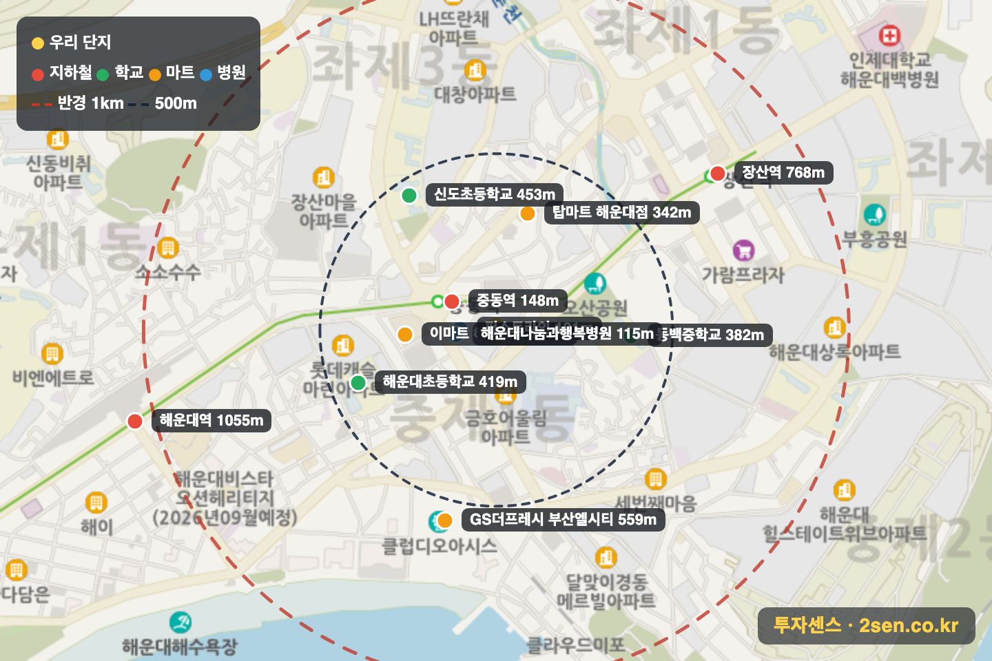 해운대경남아너스빌 반경 1km 입지 지도(지하철·학교·마트)