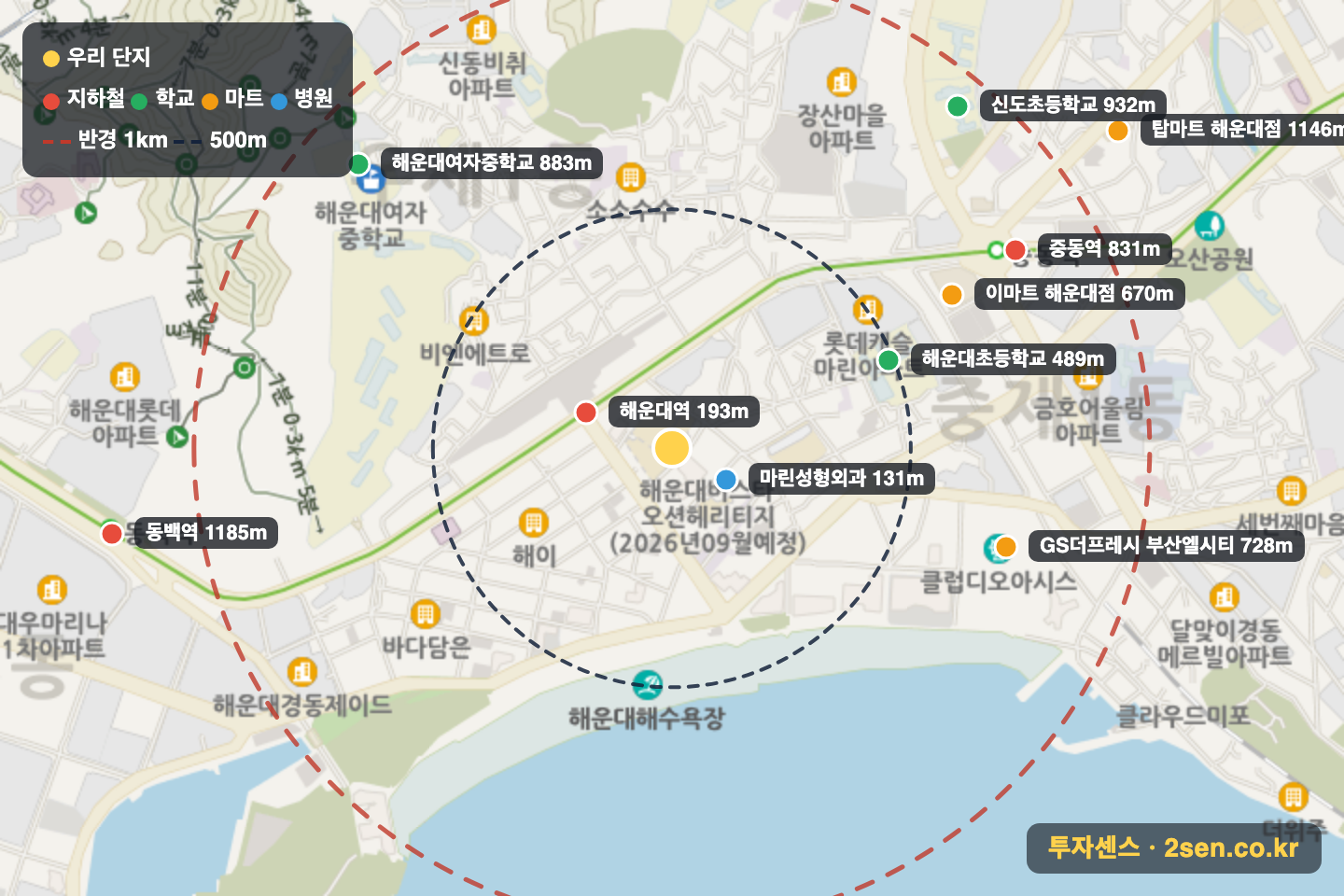 해운대경동리인뷰2차 반경 1km 입지 지도(지하철·학교·마트)
