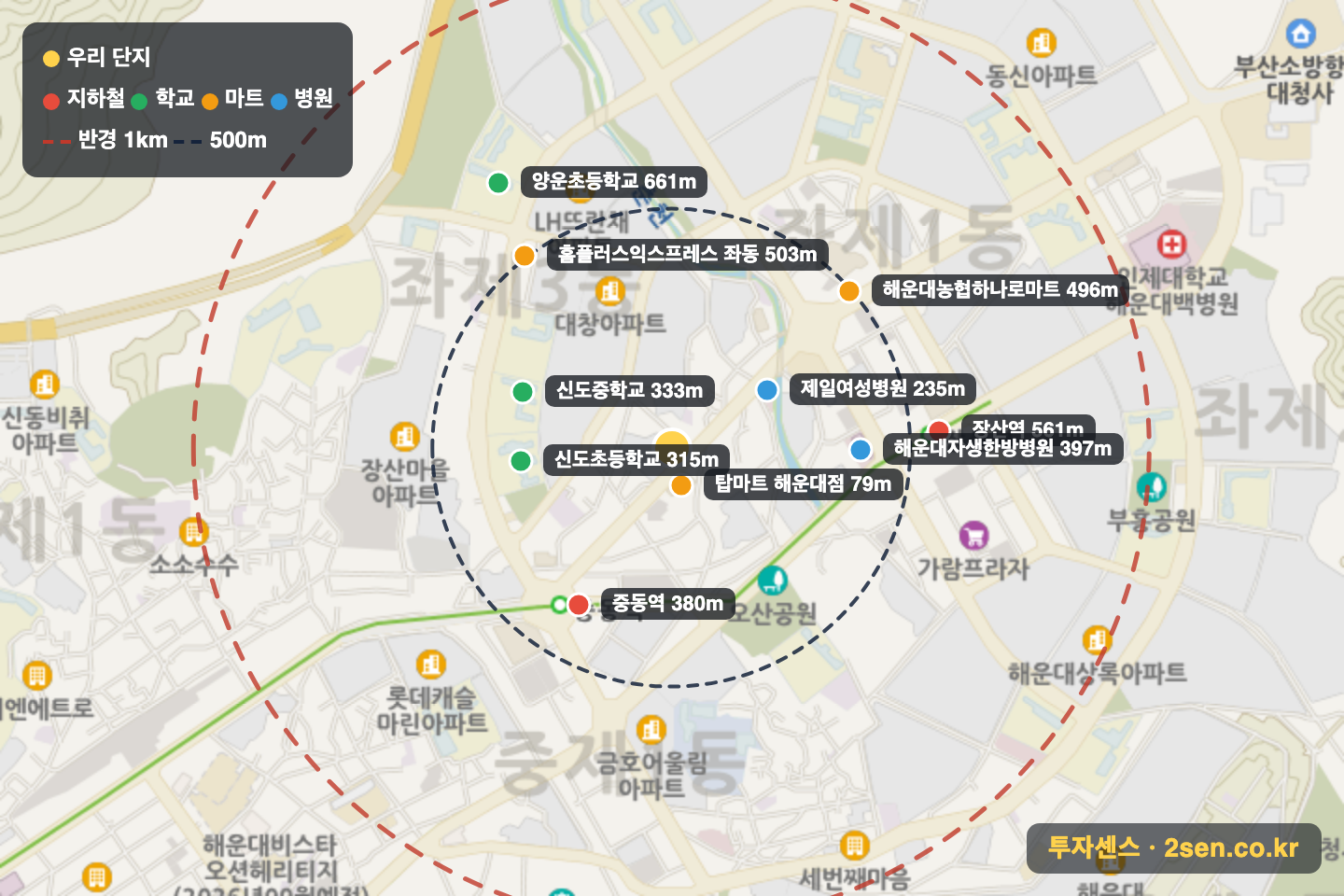 해운대메트로하이츠 반경 1km 입지 지도(지하철·학교·마트)