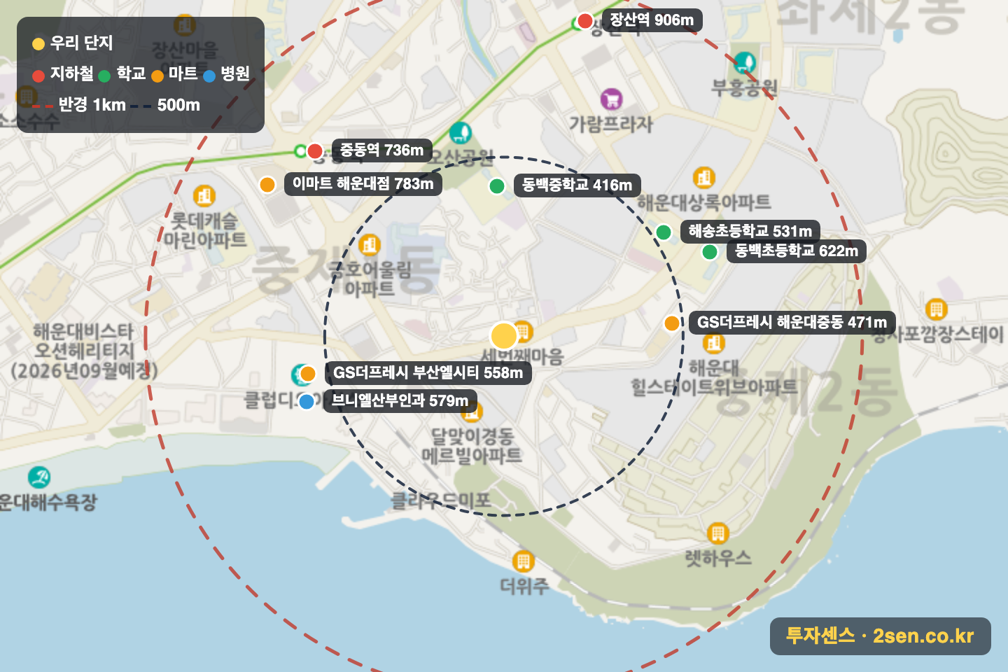 해운대석포로얄캐슬 반경 1km 입지 지도(지하철·학교·마트)