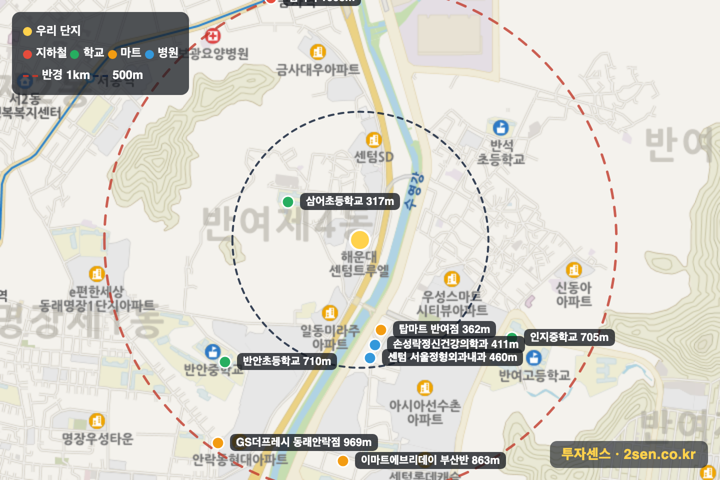 해운대센텀트루엘1단지 반경 1km 입지 지도(지하철·학교·마트)