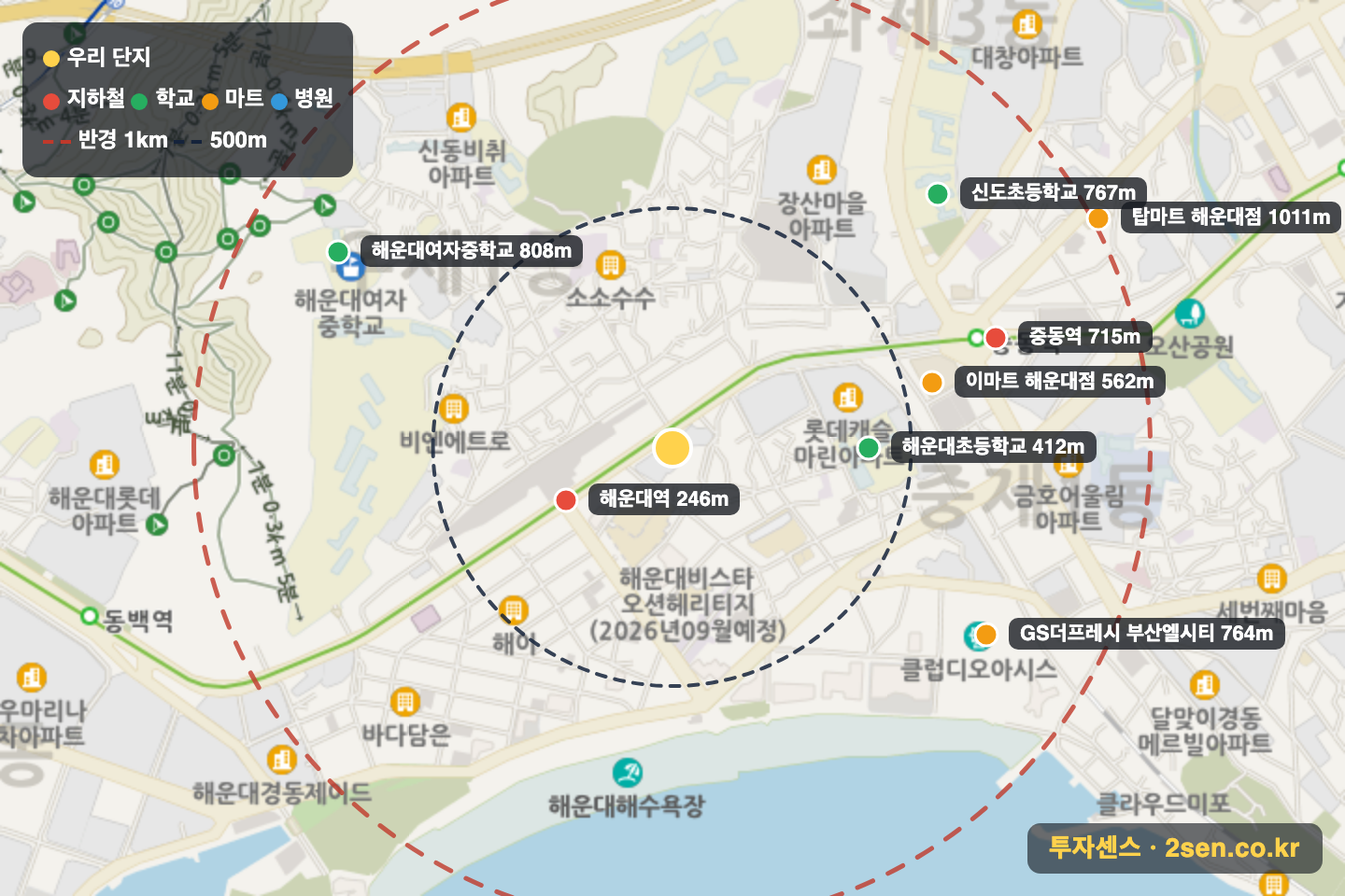 해운대센트럴푸르지오 반경 1km 입지 지도(지하철·학교·마트)