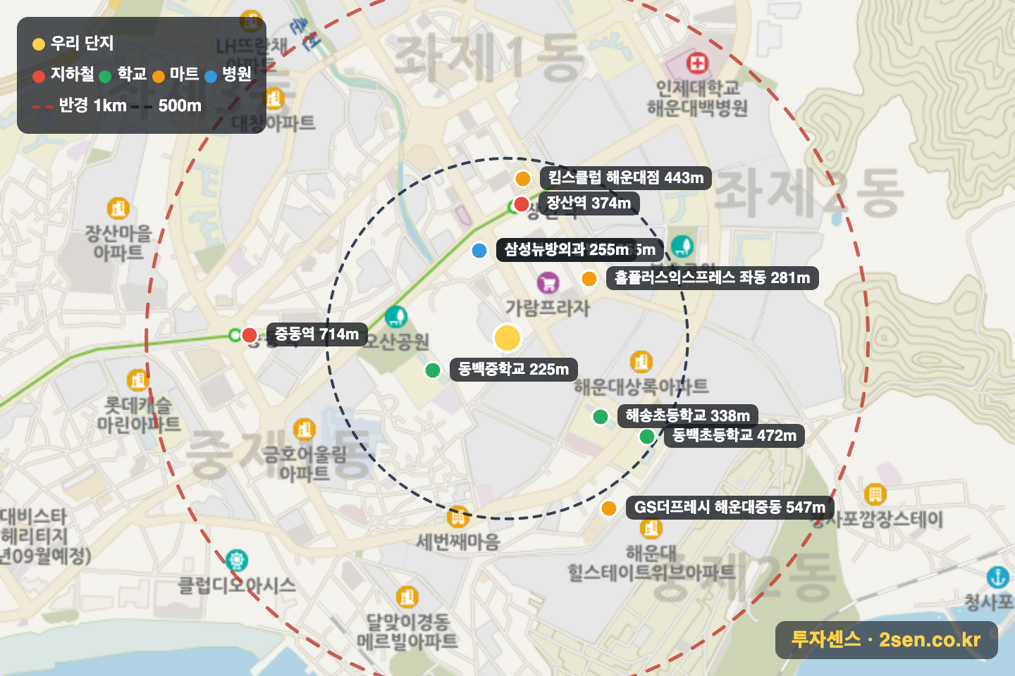 해운대신시가지경동메르빌 반경 1km 입지 지도(지하철·학교·마트)