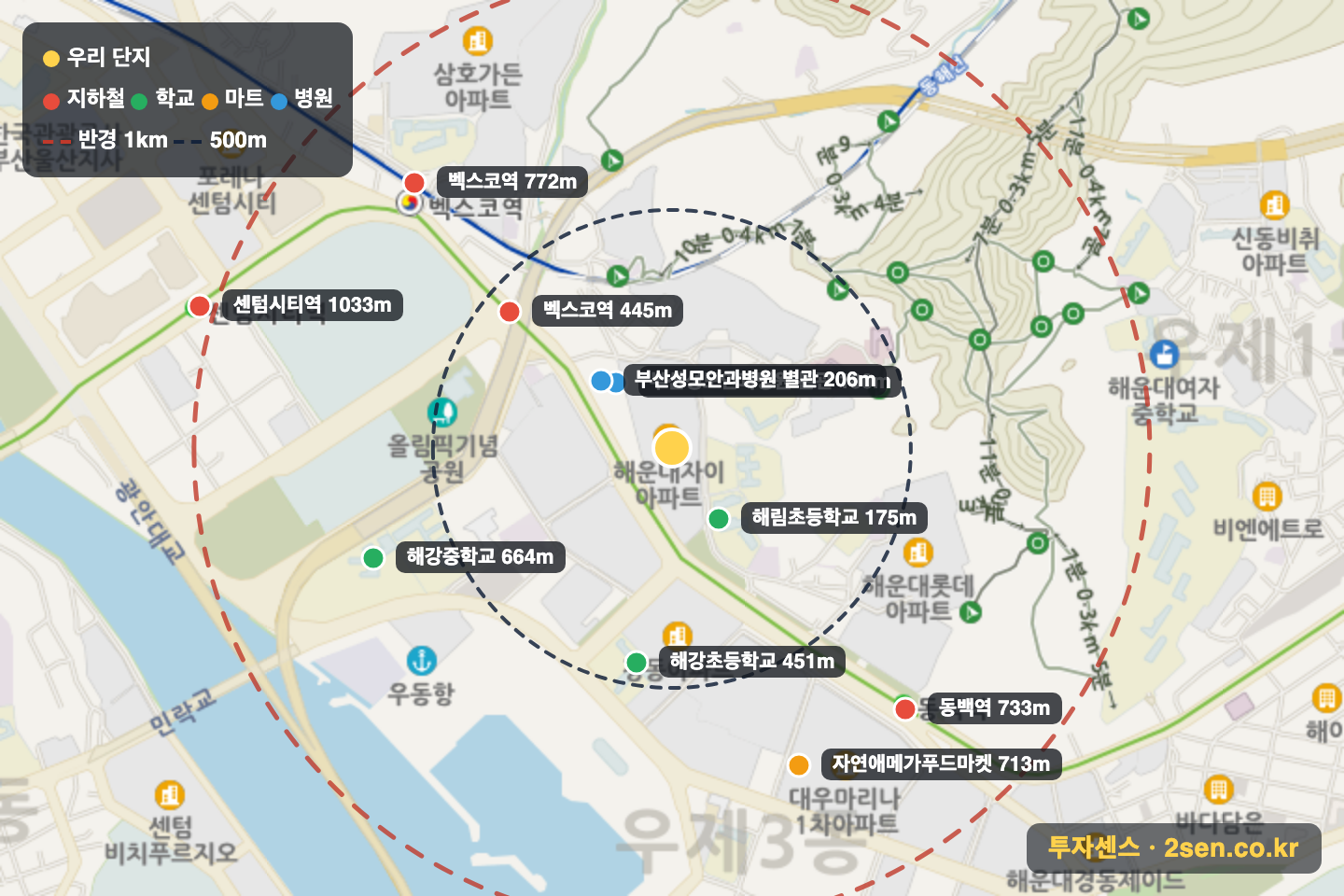 해운대자이1단지 반경 1km 입지 지도(지하철·학교·마트)
