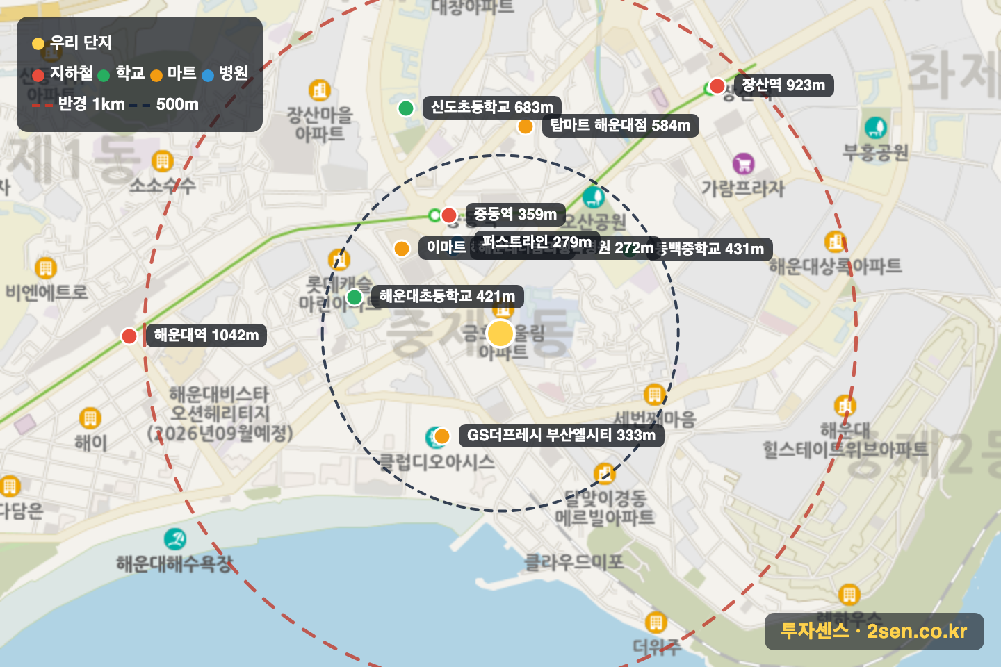 해운대중동금호어울림 반경 1km 입지 지도(지하철·학교·마트)