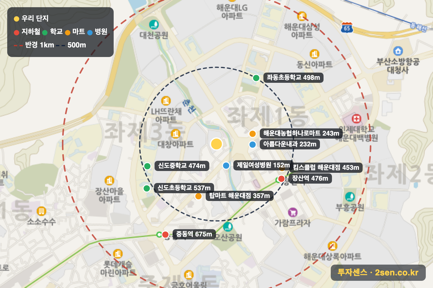 해운대중동롯데캐슬마스터2 반경 1km 입지 지도(지하철·학교·마트)