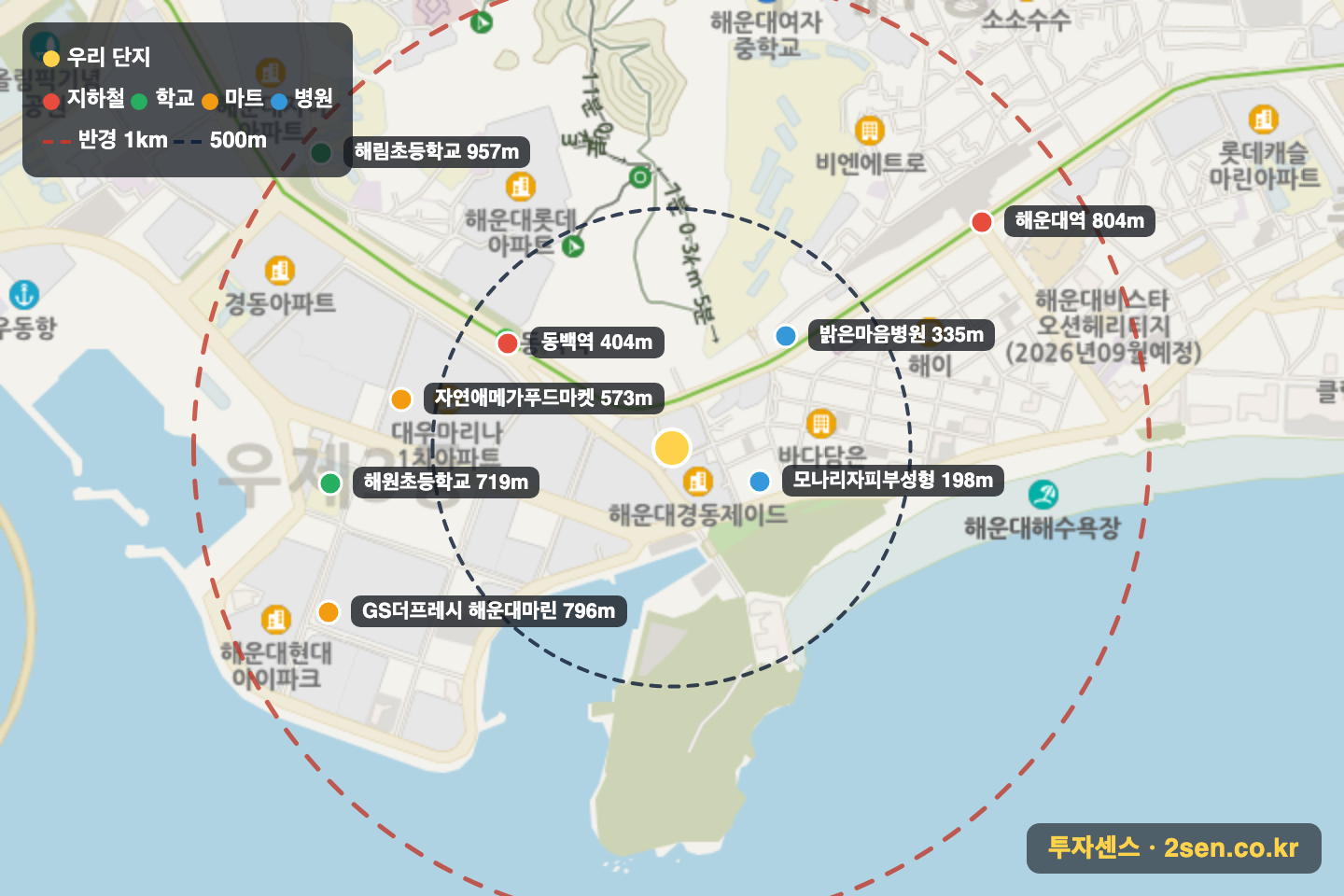 해운대한신휴플러스 반경 1km 입지 지도(지하철·학교·마트)