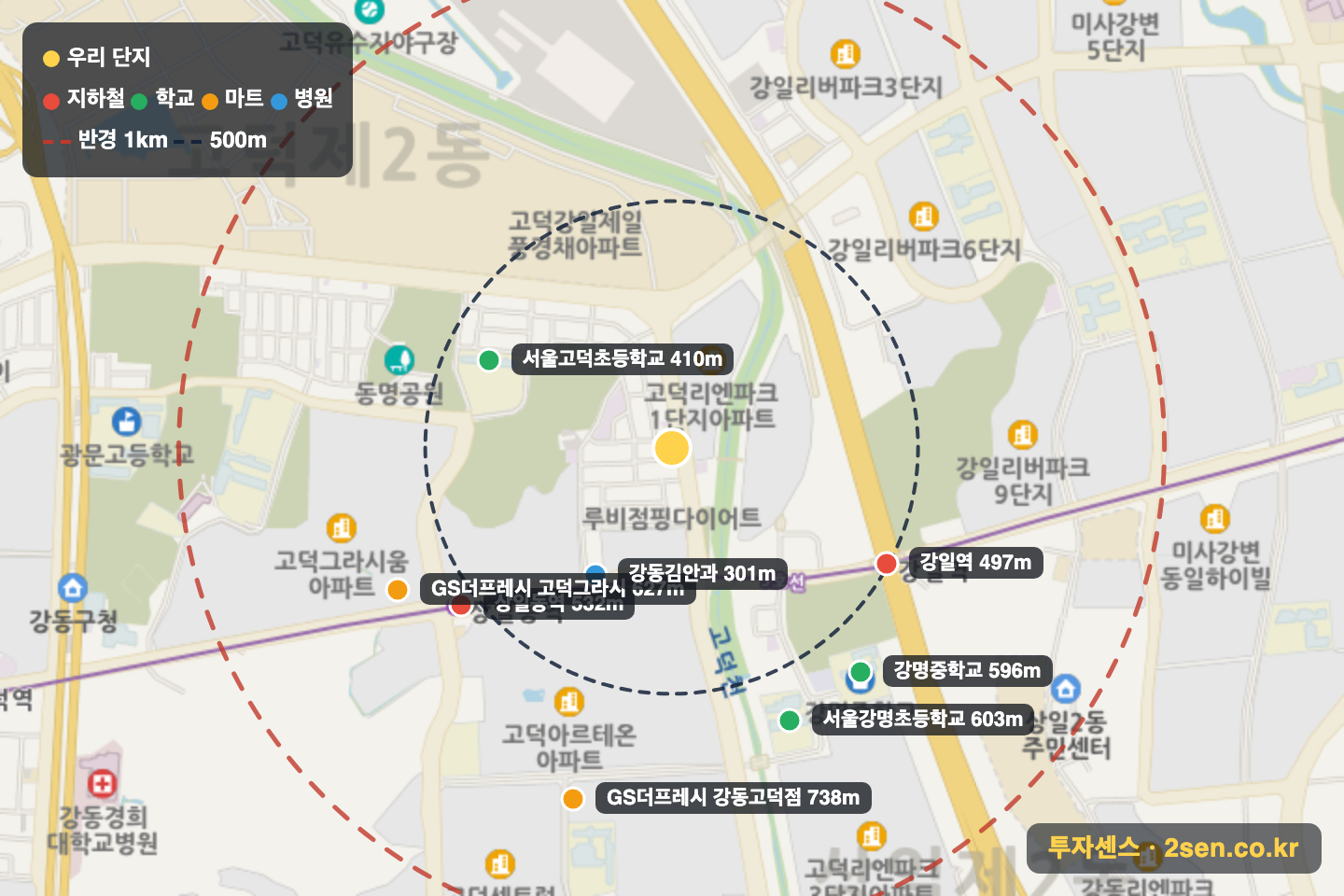 현대(고덕) 반경 1km 입지 지도(지하철·학교·마트)