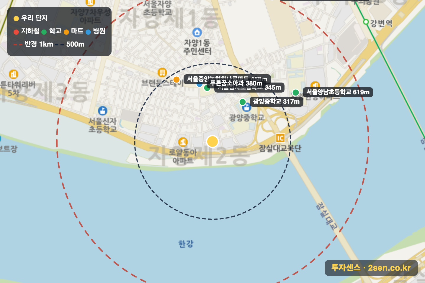현대3 반경 1km 입지 지도(지하철·학교·마트)