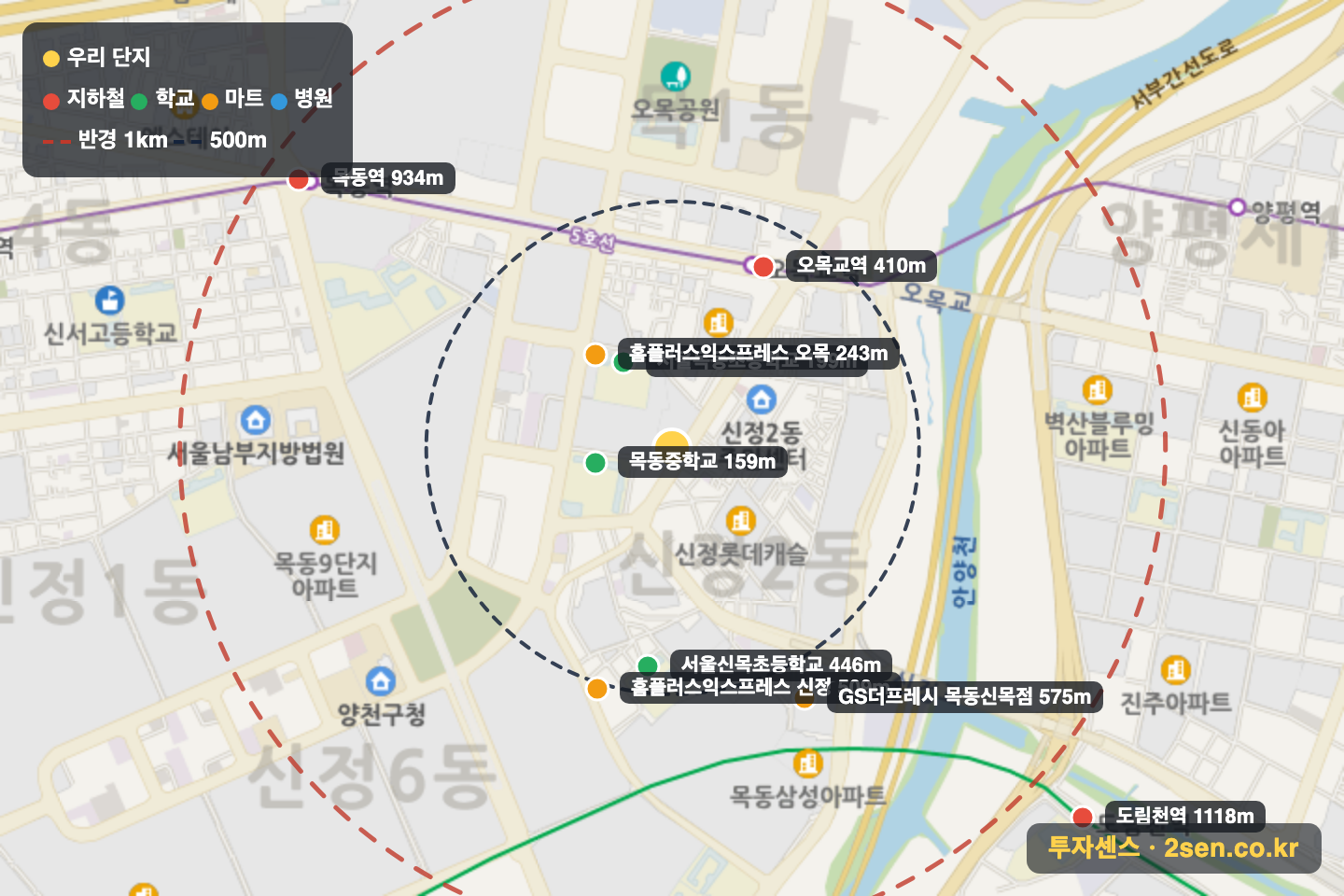 현대I-PARK 반경 1km 입지 지도(지하철·학교·마트)