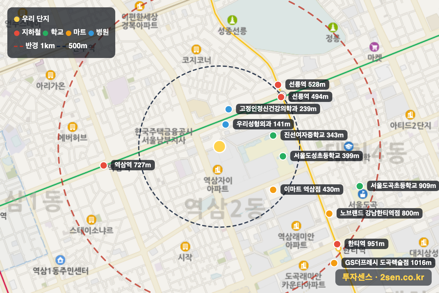 현대까르띠에710 반경 1km 입지 지도(지하철·학교·마트)