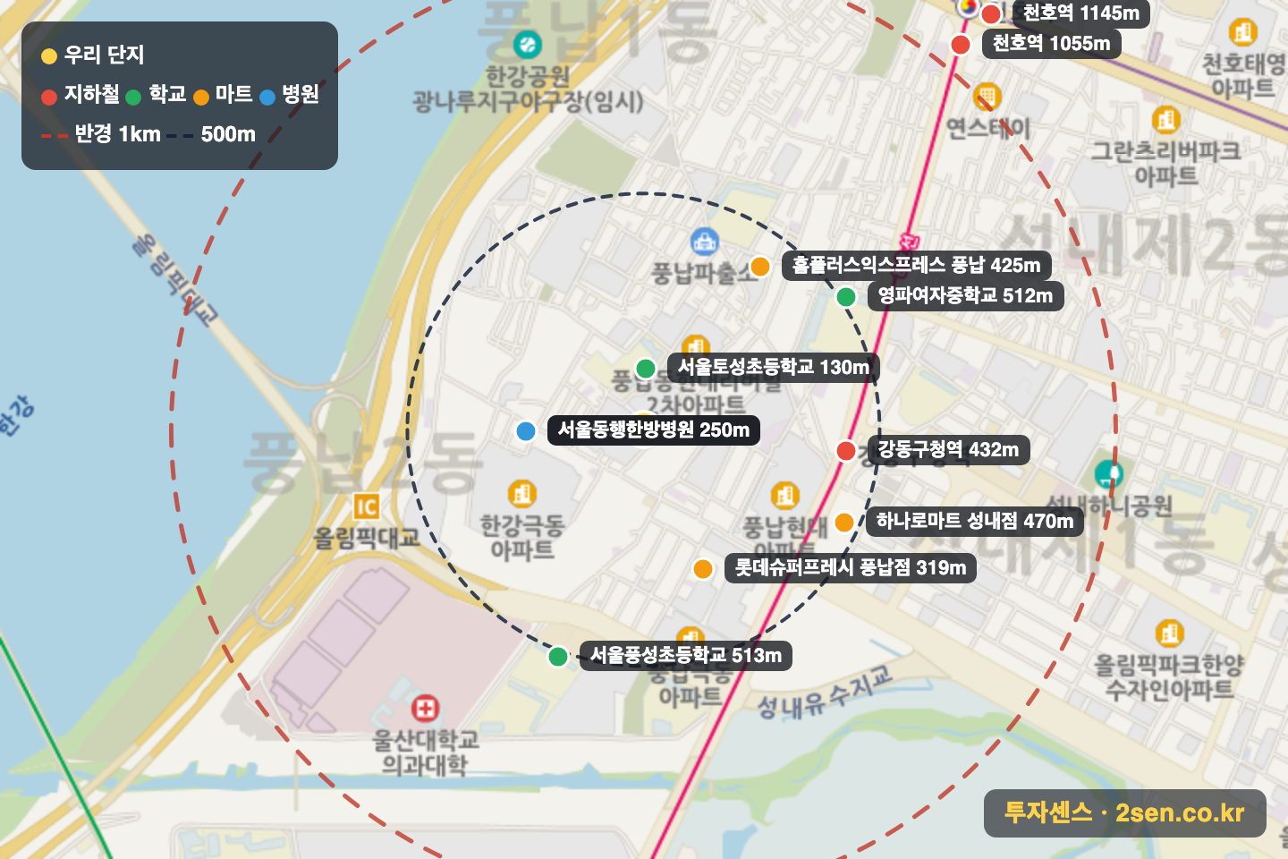 현대리버빌1지구 반경 1km 입지 지도(지하철·학교·마트)