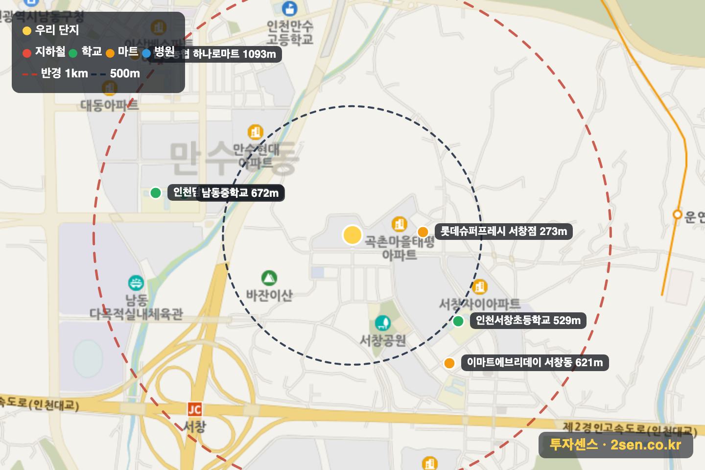 현대모닝사이드 반경 1km 입지 지도(지하철·학교·마트)