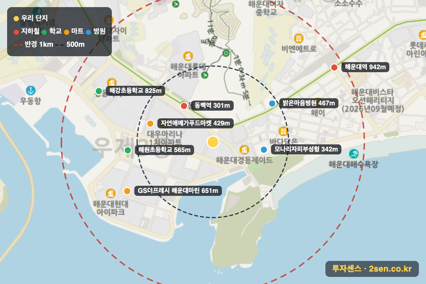 현대베네시티 반경 1km 입지 지도(지하철·학교·마트)