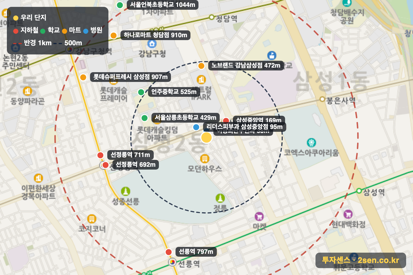 현대빌라트 반경 1km 입지 지도(지하철·학교·마트)