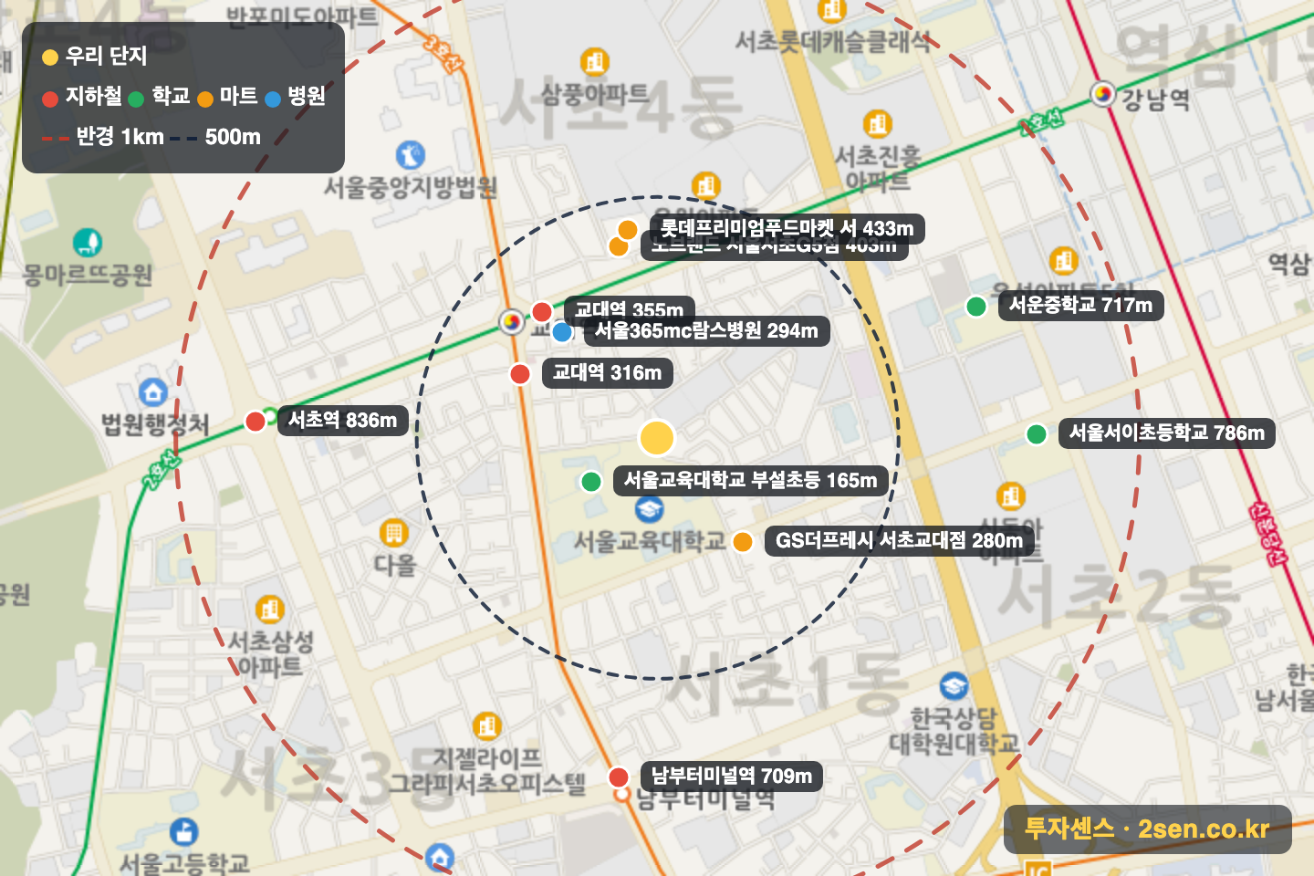 현대빌리지 반경 1km 입지 지도(지하철·학교·마트)