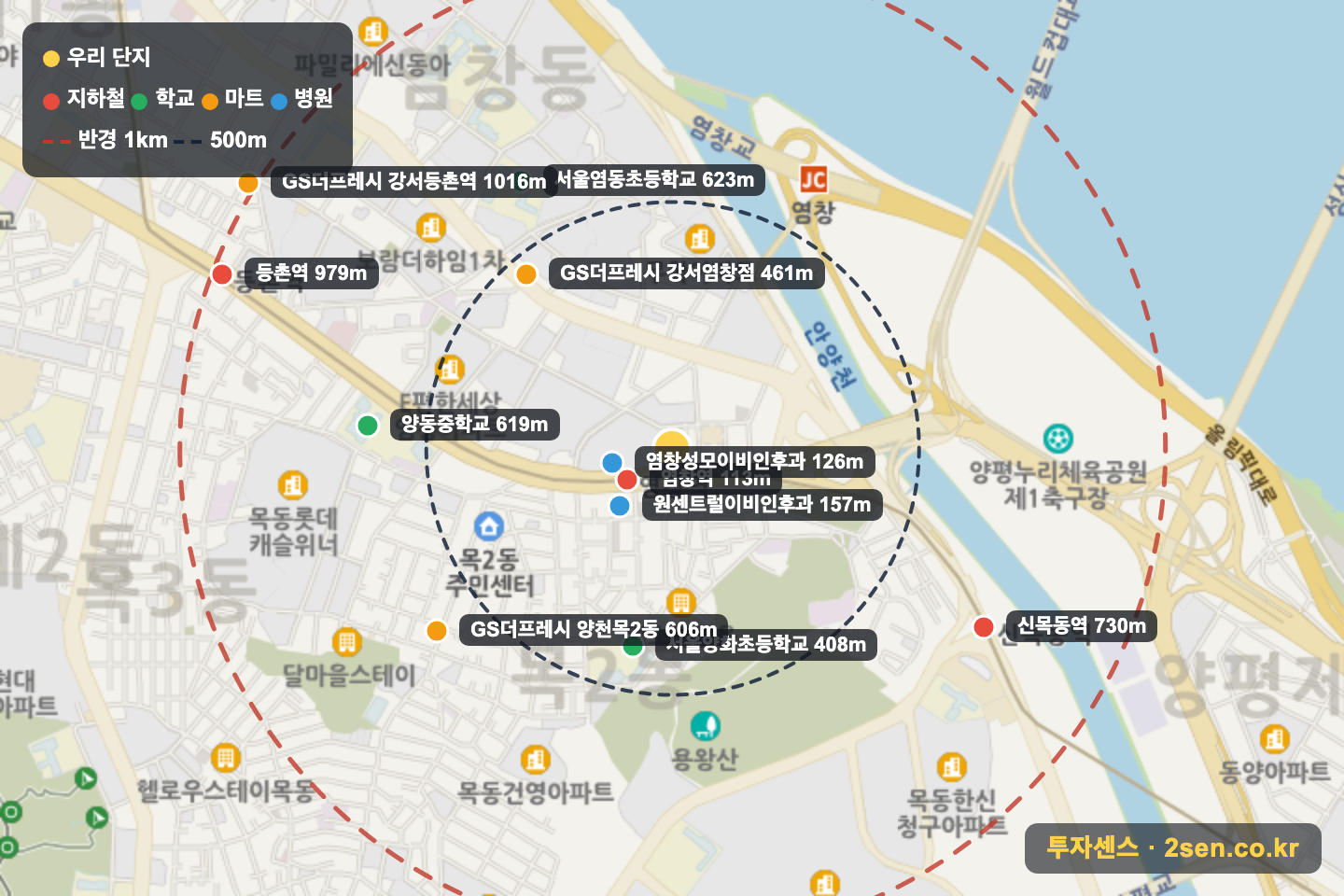 현대아이파크 반경 1km 입지 지도(지하철·학교·마트)