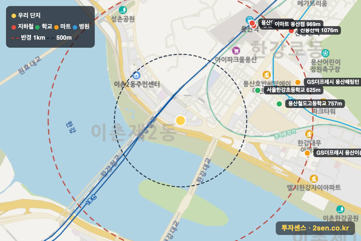 현대한강 반경 1km 입지 지도(지하철·학교·마트)