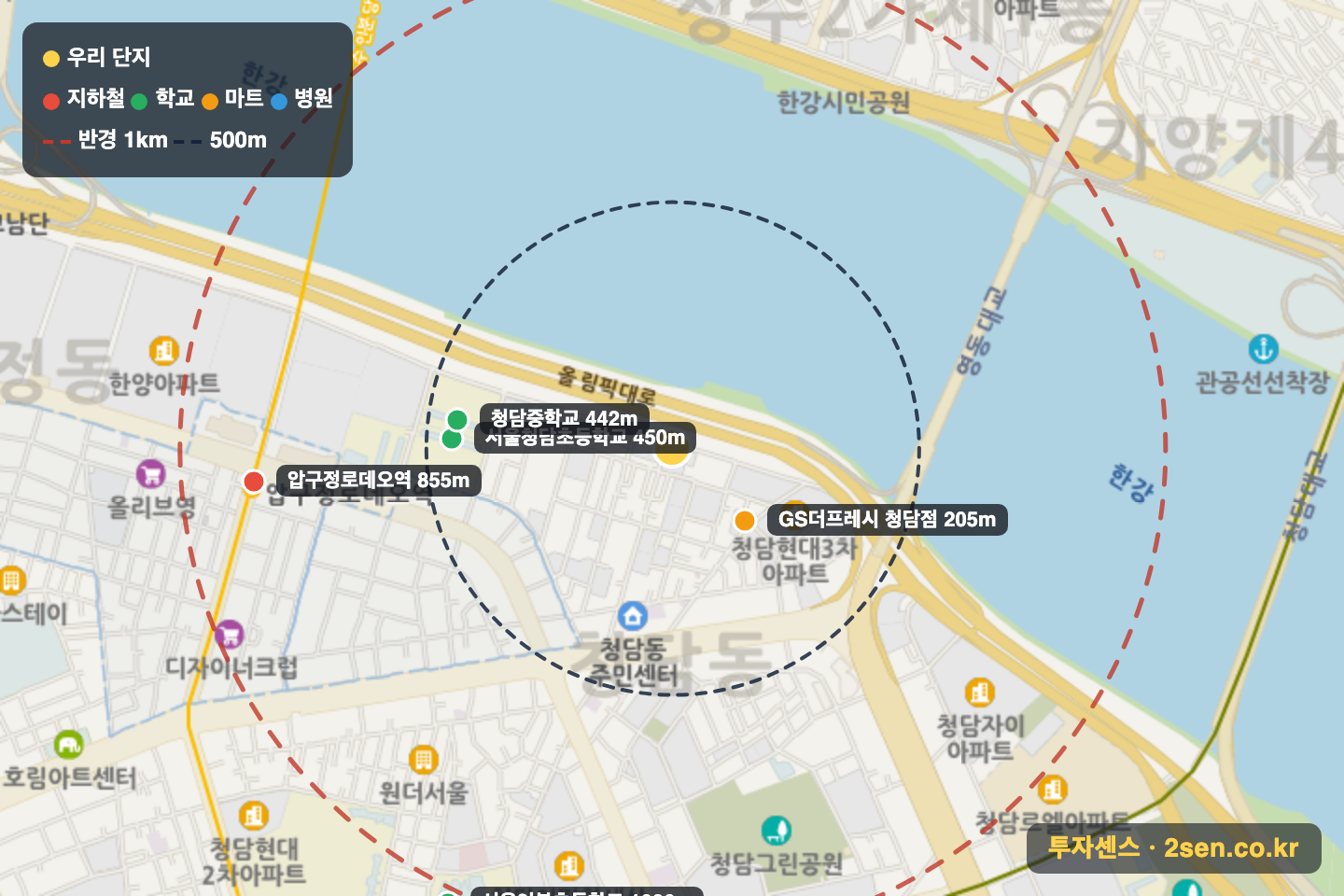 현대한강빌라 반경 1km 입지 지도(지하철·학교·마트)