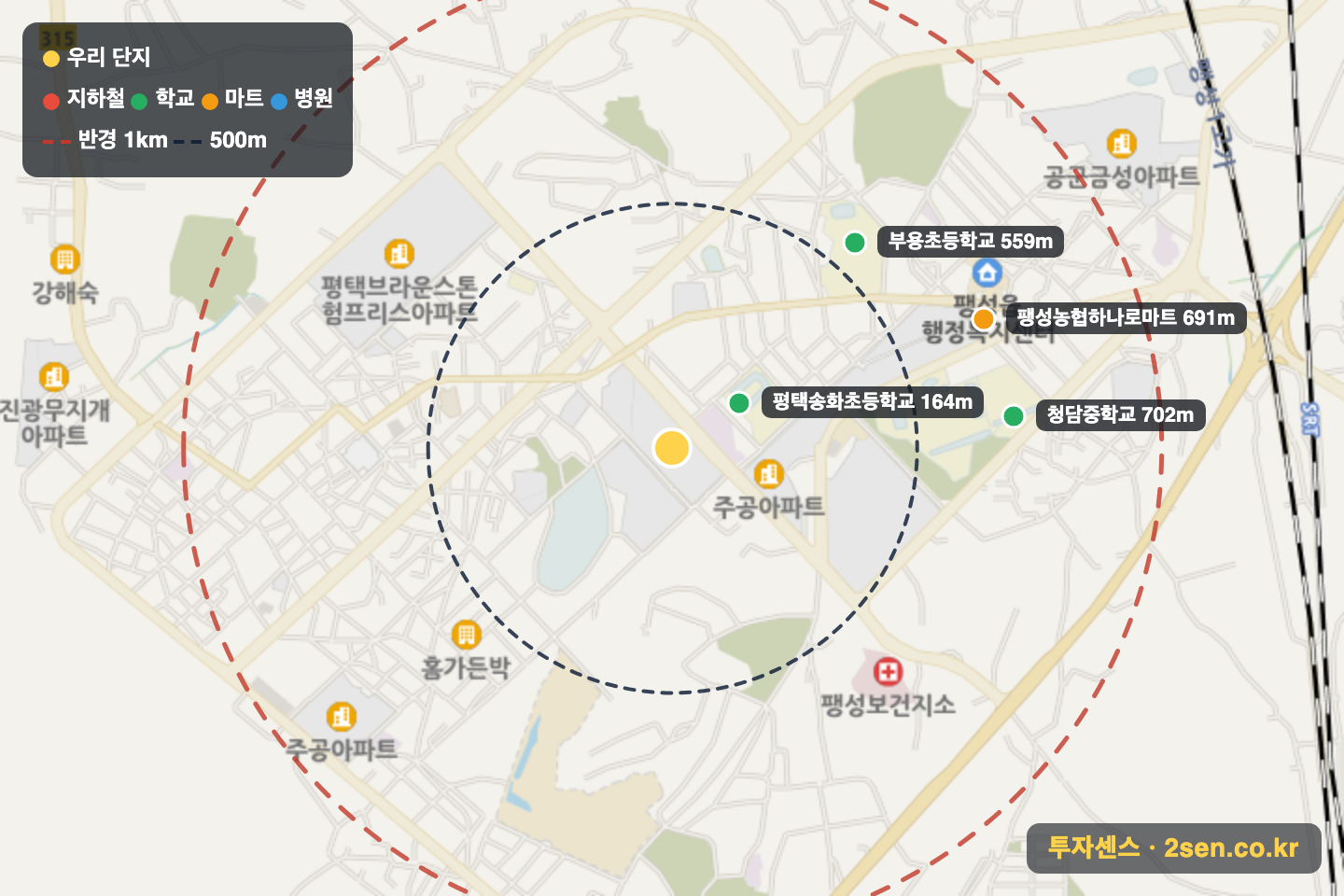 현대홈타운 반경 1km 입지 지도(지하철·학교·마트)