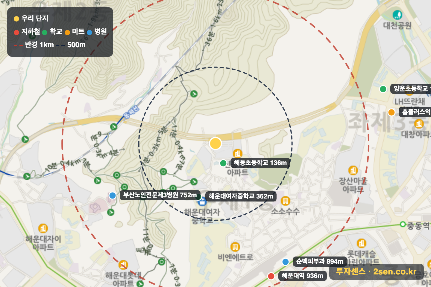협성프라임빌 반경 1km 입지 지도(지하철·학교·마트)