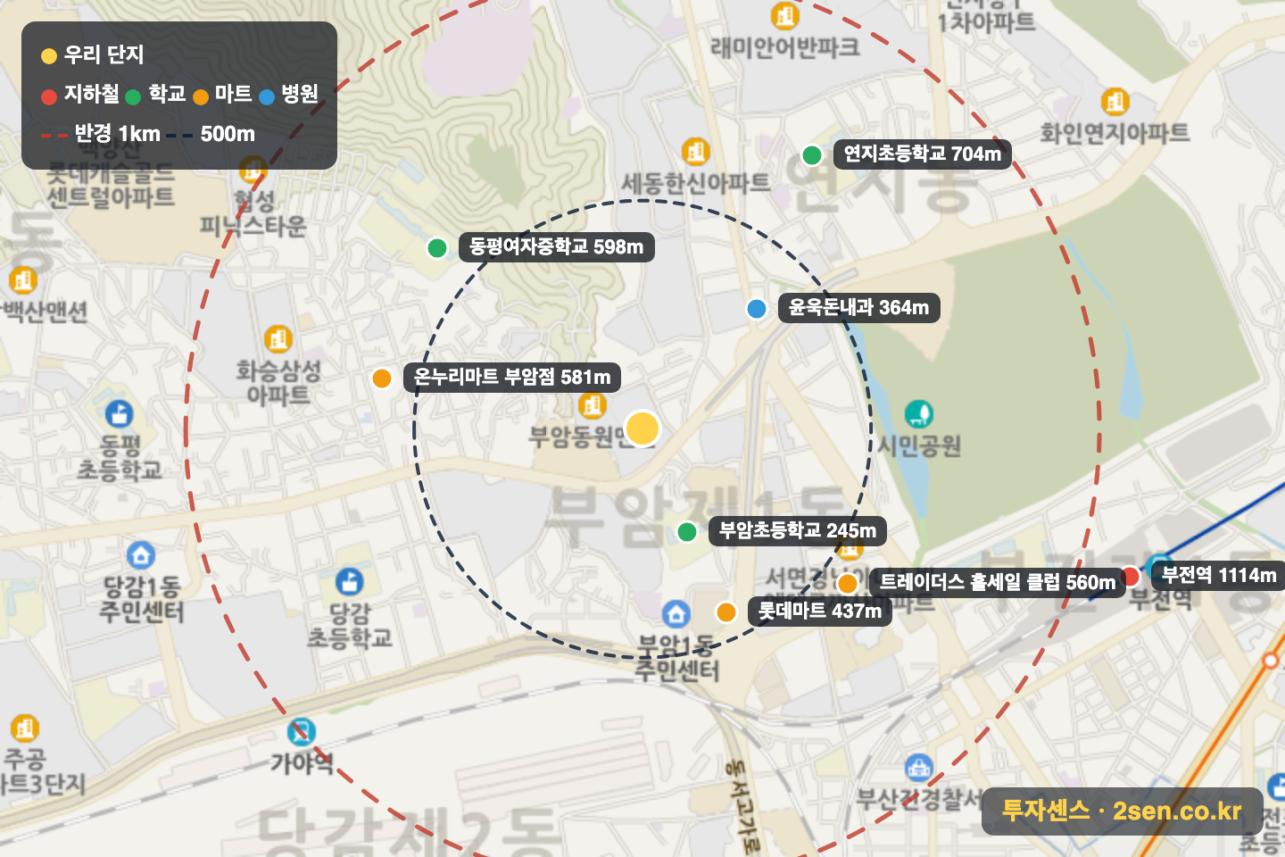 협성휴포레시티즌파크 반경 1km 입지 지도(지하철·학교·마트)