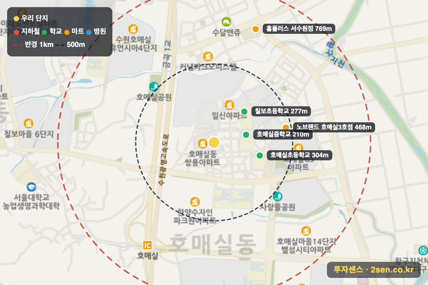 호매실신미주 반경 1km 입지 지도(지하철·학교·마트)