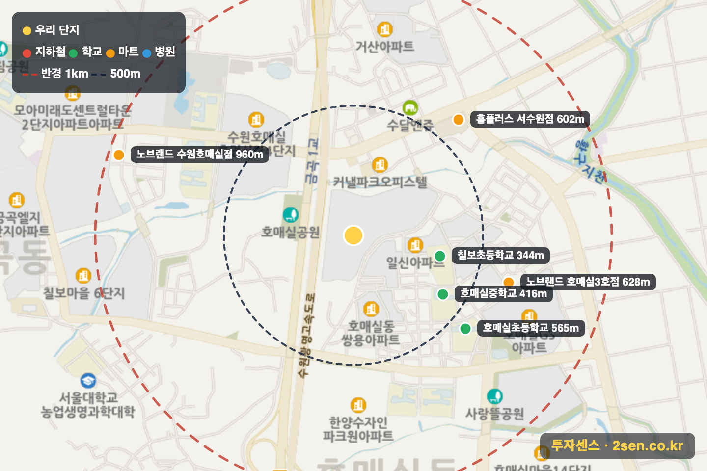 호반베르디움더센트럴 반경 1km 입지 지도(지하철·학교·마트)