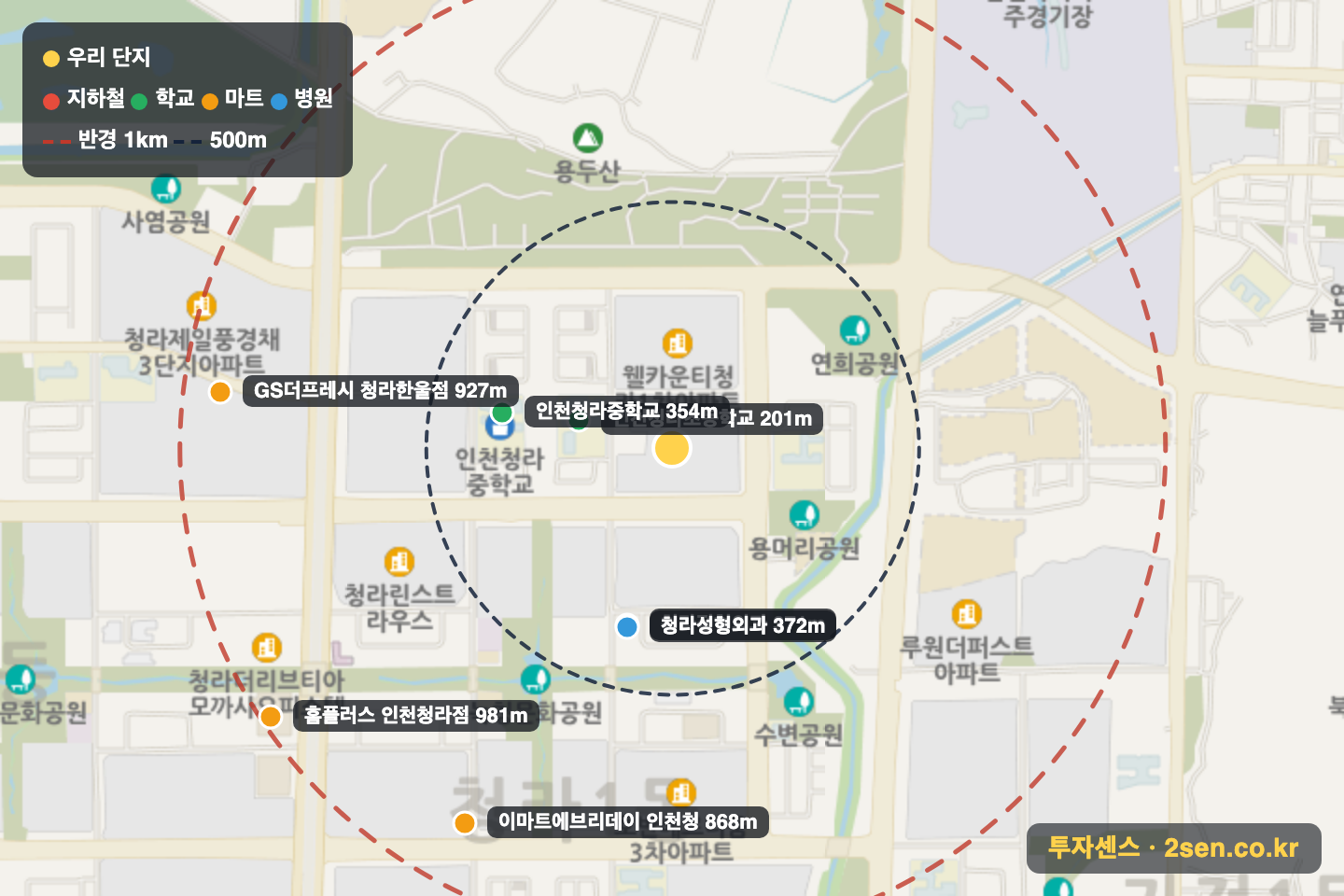 호반베르디움앤영무예다음 반경 1km 입지 지도(지하철·학교·마트)