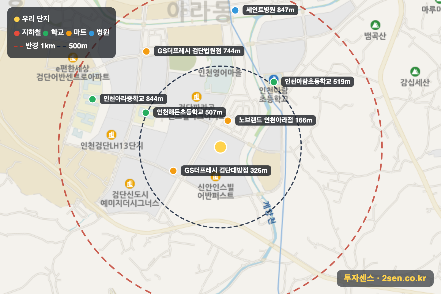 호반써밋프라임뷰 반경 1km 입지 지도(지하철·학교·마트)