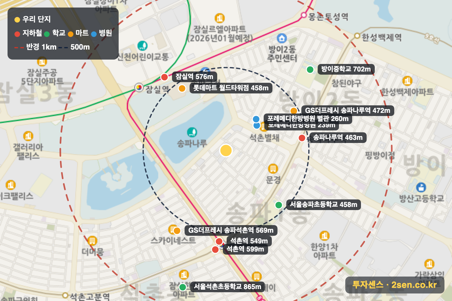 호수임광 반경 1km 입지 지도(지하철·학교·마트)